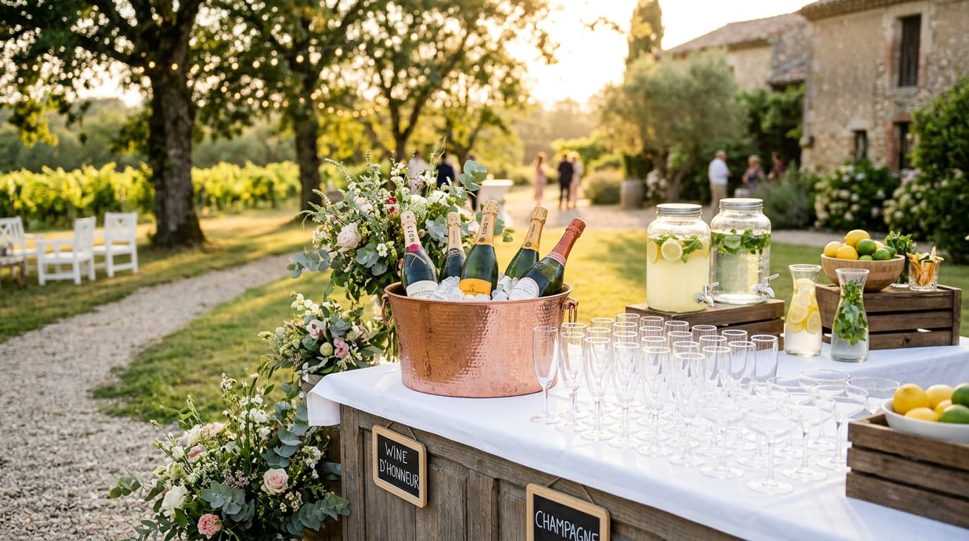 Calcul boisson mariage : un bar de vin d’honneur avec des bouteilles de champagne au frais, des coupes et des carafes d’eau.