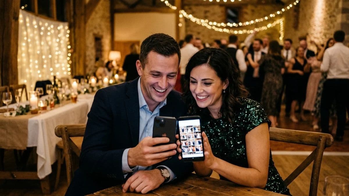 Invités d'un mariage regardant sur leurs téléphones iPhone et Android les photos d'un album partagé