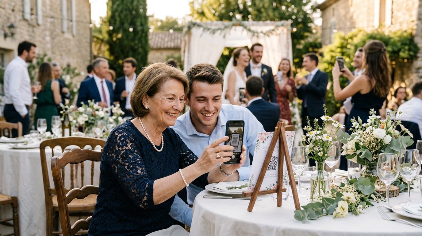 Une invitée âgée scanne avec son téléphone le QR code posé sur sa table pendant un mariage à la campagne, sans application à installer