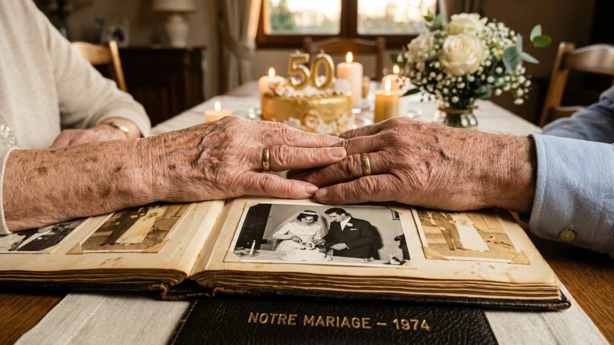 Anniversaire de mariage : les mains d’un couple qui fête ses noces d’or posées sur un album photo de leur mariage.