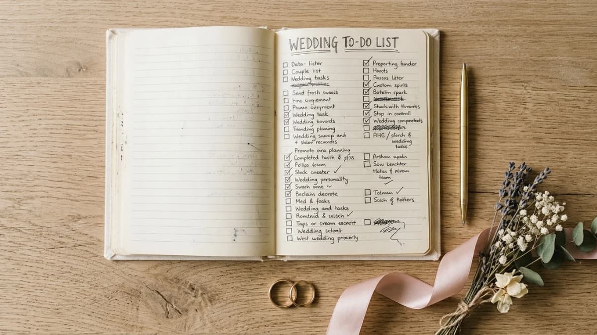 Check list mariage : un carnet ouvert avec une liste de tâches cochées, des alliances et des fleurs séchées.