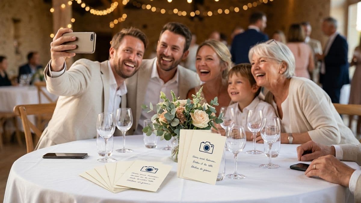 Des invités de mariage relèvent un défi photo à leur table, avec des cartes de défis posées entre les verres.