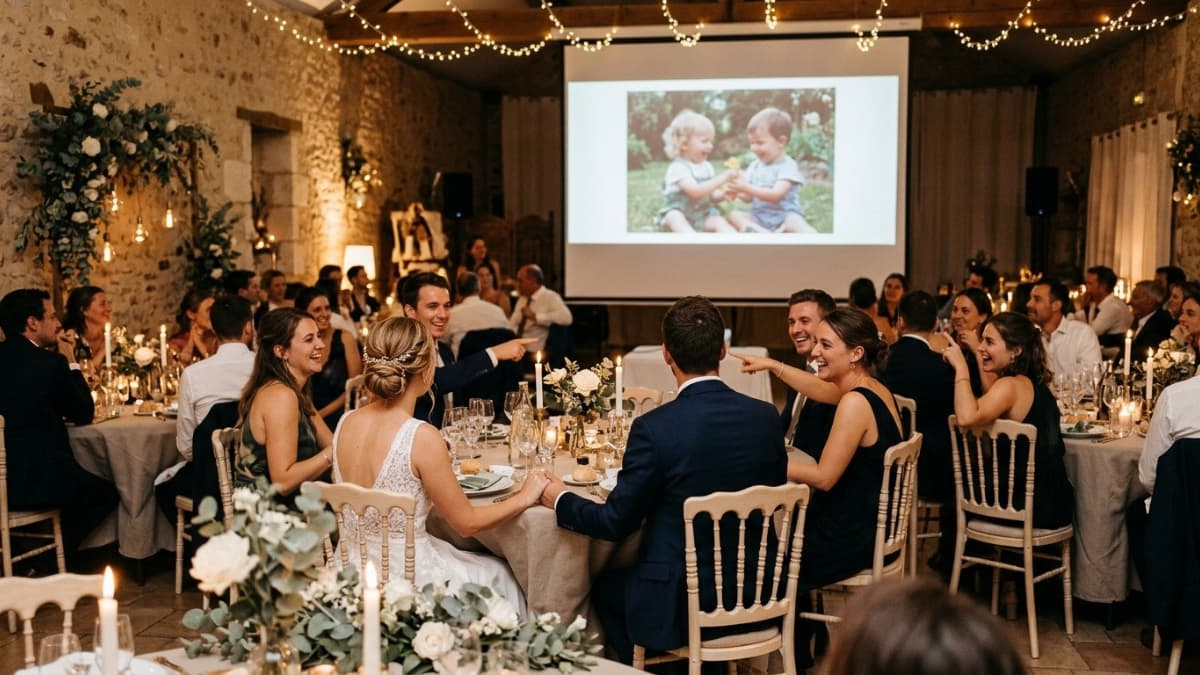 Diaporama de mariage projeté pendant le repas : les invités rient devant une photo d’enfance des mariés affichée sur grand écran.