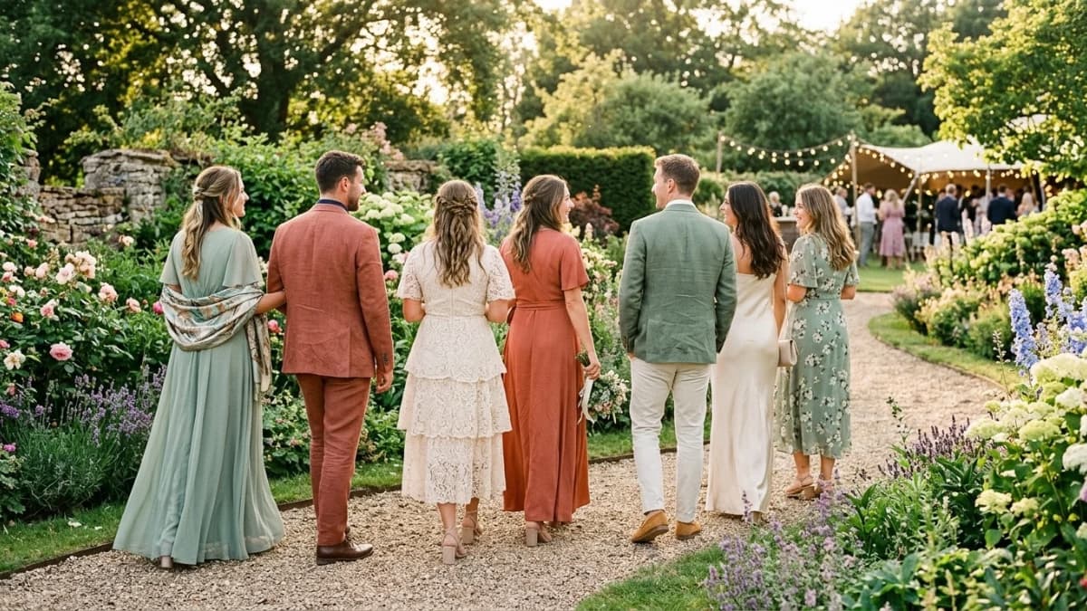 Dress code mariage : des invités habillés dans une palette de couleurs harmonieuse, vert sauge, terracotta et crème.