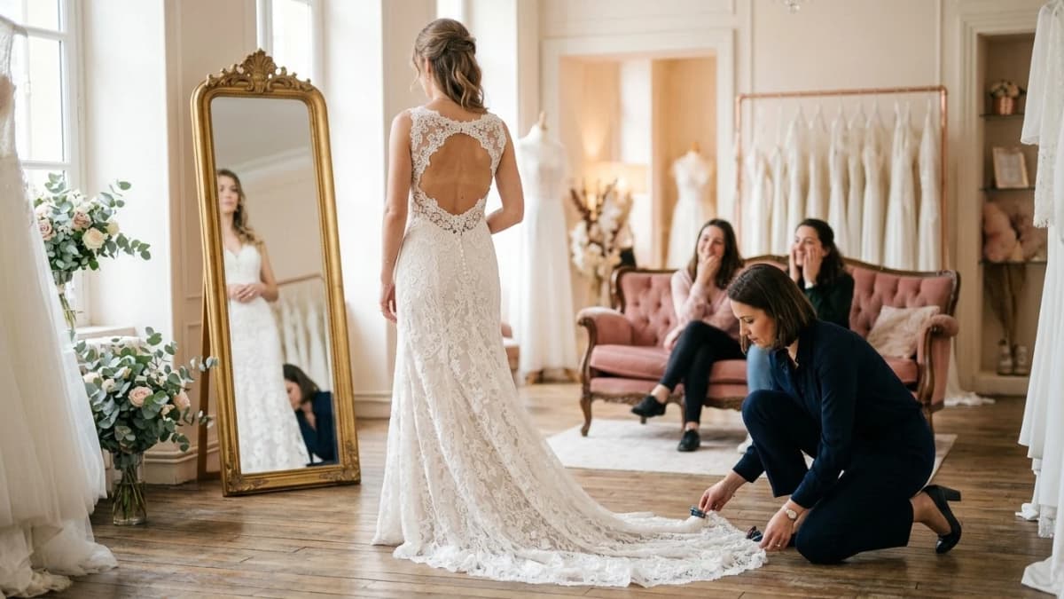 Essayage robe de mariée : une future mariée devant le miroir d'une boutique pendant qu'une vendeuse ajuste sa robe.