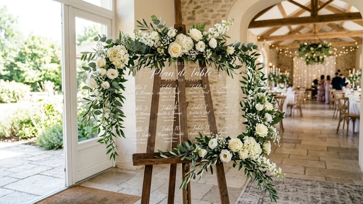 Idée plan de table mariage : un panneau en plexiglas calligraphié, entouré de verdure, posé sur un chevalet à l’entrée de la salle.