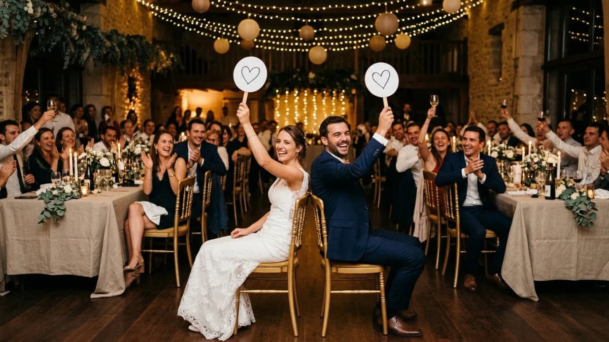 Jeu elle et lui pendant un mariage : les mariés assis dos à dos lèvent chacun une pancarte, sous les rires des invités.