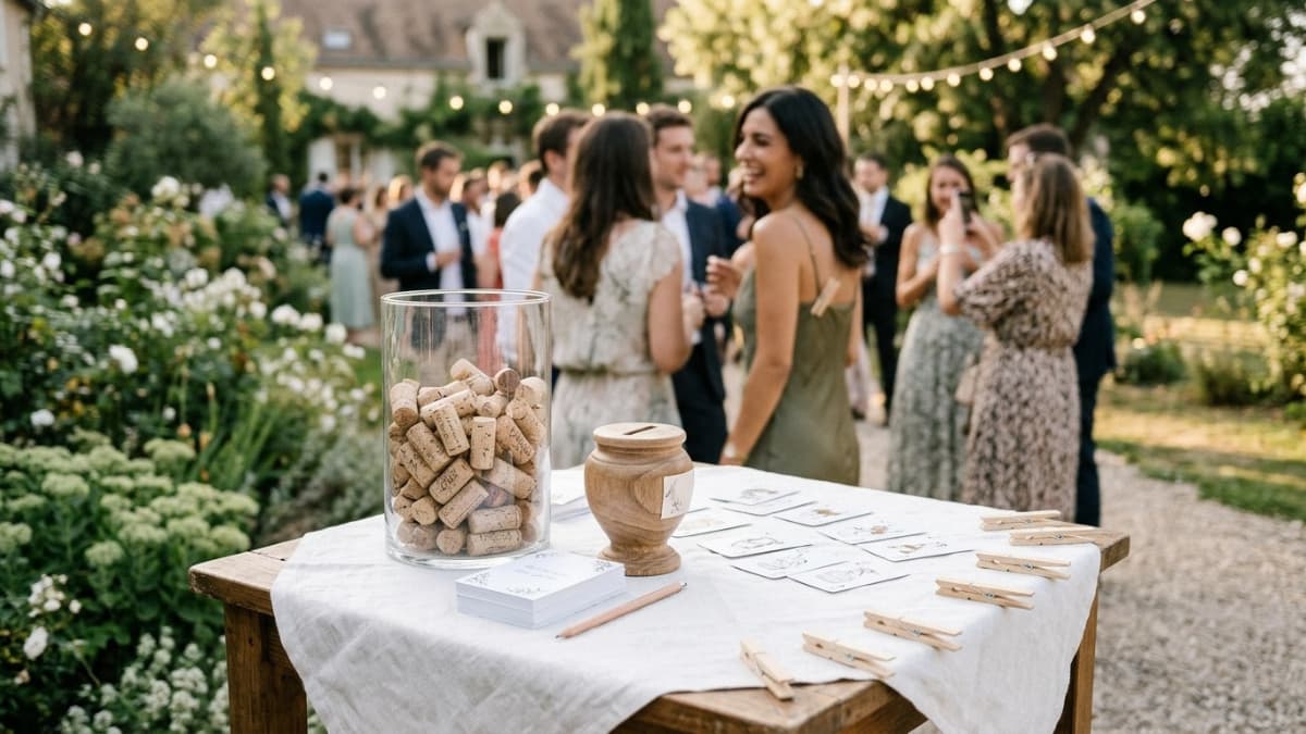 Jeux de mariage pendant le vin d'honneur : un vase rempli de bouchons, des cartes de jeu et des pinces à linge sur une table, avec des invités qui rient en arrière-plan.