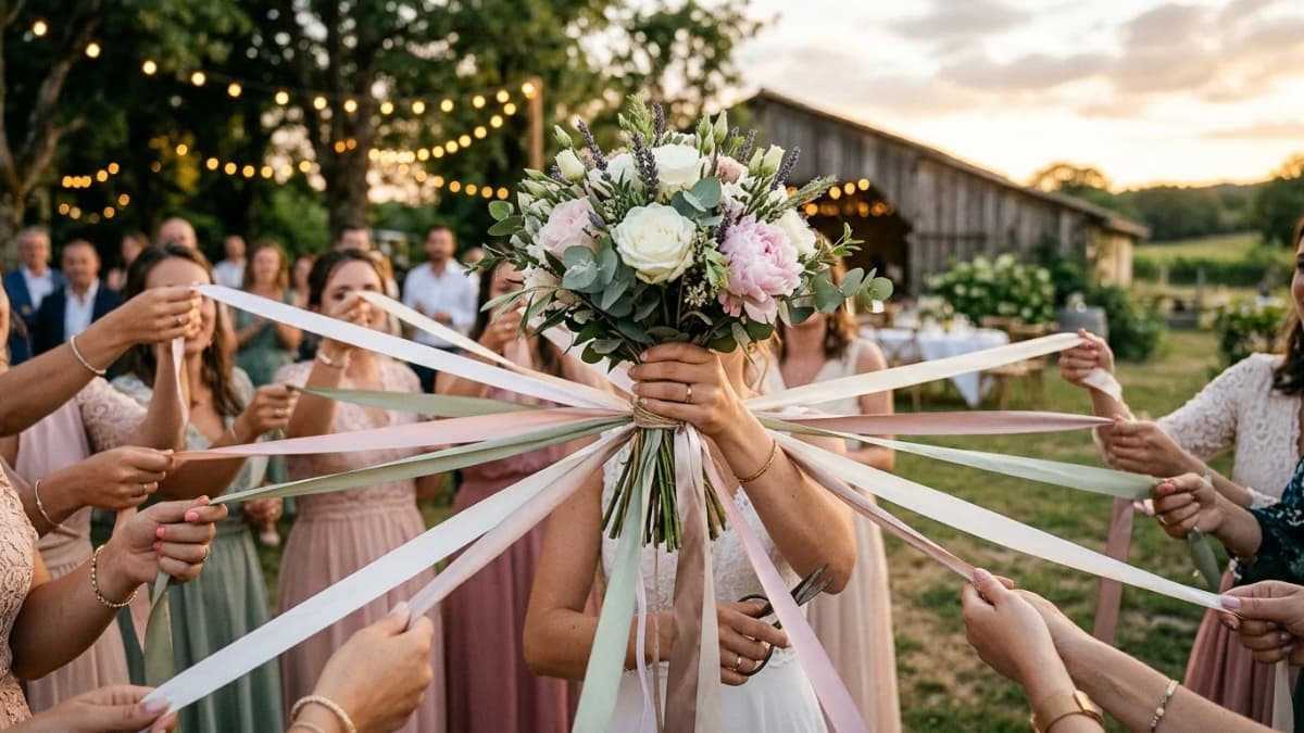 Lancer de bouquet : un bouquet de mariée relié à de nombreux rubans tenus par les invitées pour le jeu du ruban.