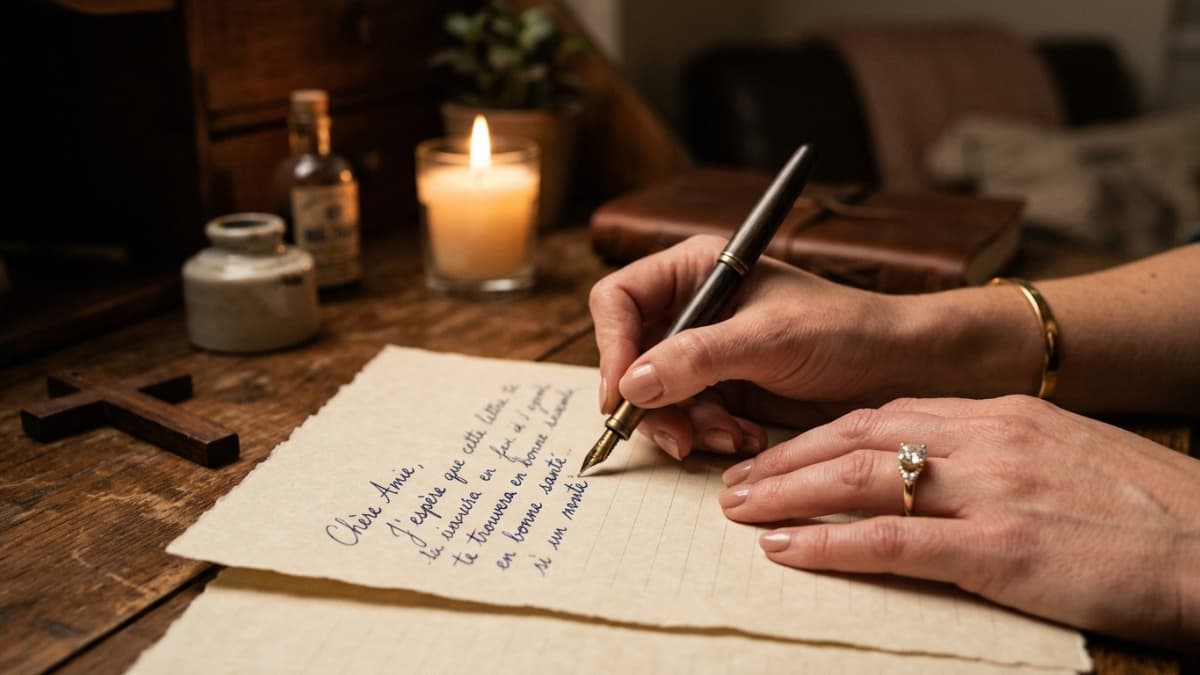 Lettre d’intention mariage : une fiancée écrit à la main sa déclaration d’intention, une bougie et une croix en arrière-plan.