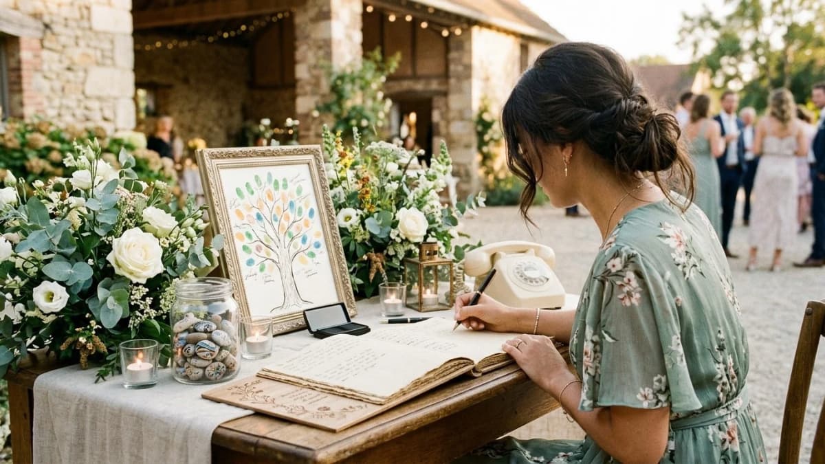 Livre d’or de mariage original : un livre en bois, un arbre à empreintes, des galets décorés et un téléphone vintage sur la table d’accueil.
