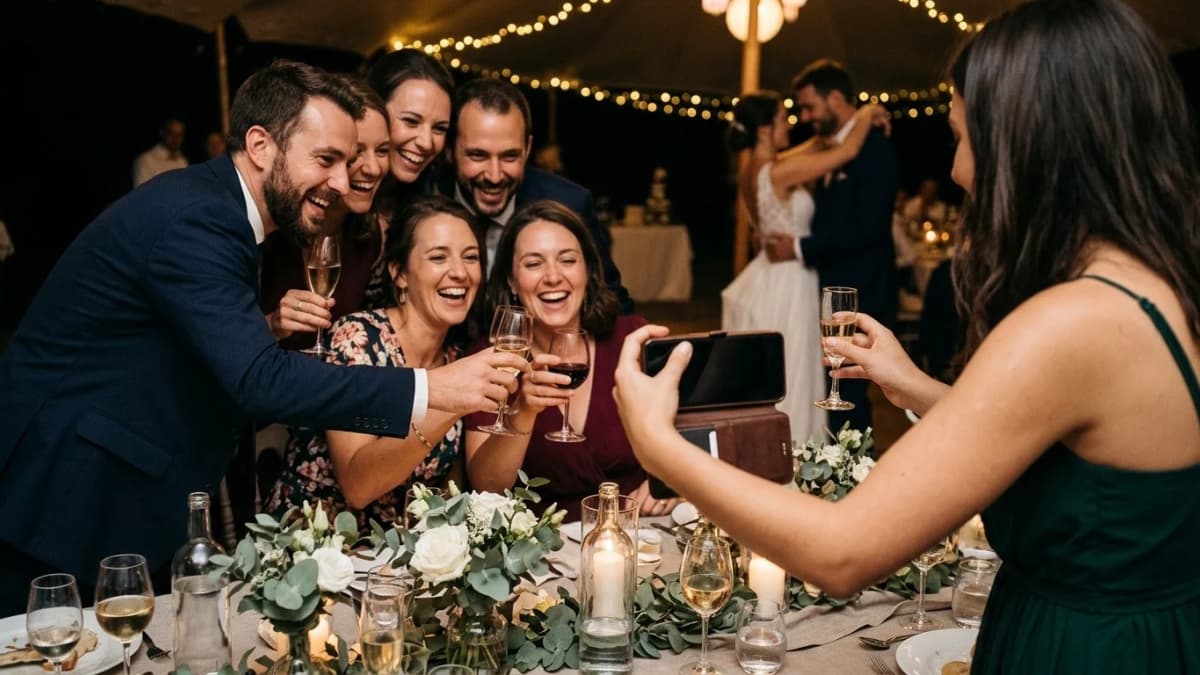 Montage vidéo de mariage : une table d’invités filme en riant un message vidéo pour les mariés pendant la soirée.