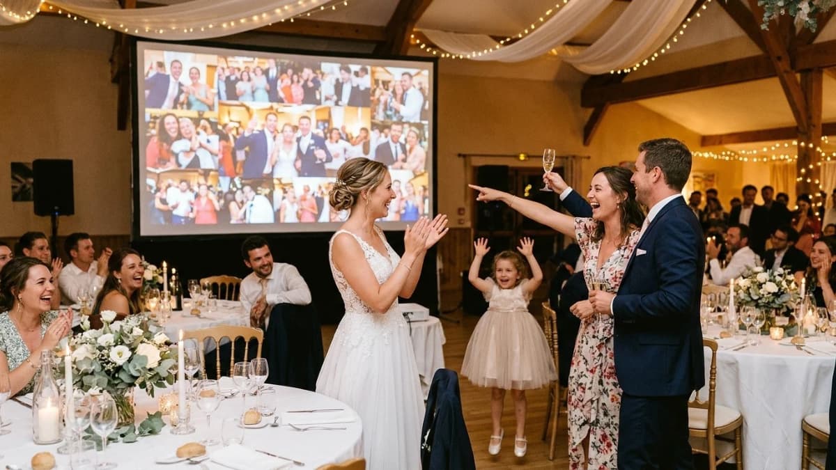 Mur photo de mariage en direct : les invités se retournent en riant vers un grand écran qui affiche leurs photos de la soirée.