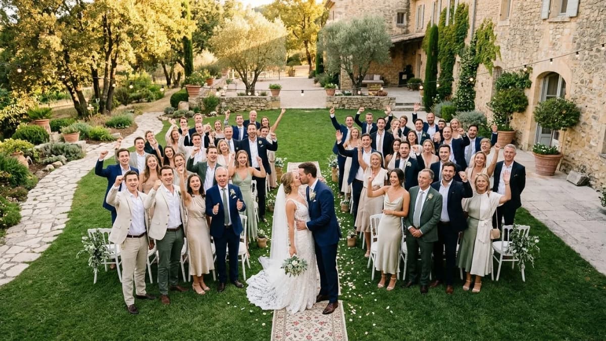 Photo de mariage originale prise d’en haut : les invités lèvent la tête et les bras autour des mariés qui s’embrassent.