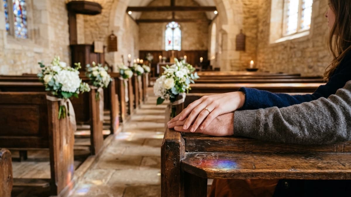 Se marier à l'église sans être baptisé : les mains d'un couple posées sur un banc d'église, dans la lumière d'un vitrail.